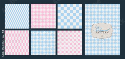 Set of blue pink plaid gingham seamless patterns. Vintage geometric tile background. Checkered picnic tablecloth texture