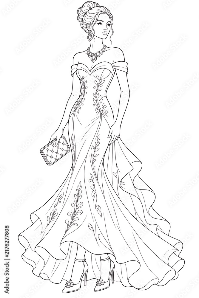 Fototapeta premium Elegant Woman in Ruffled Evening Gown Coloring Page