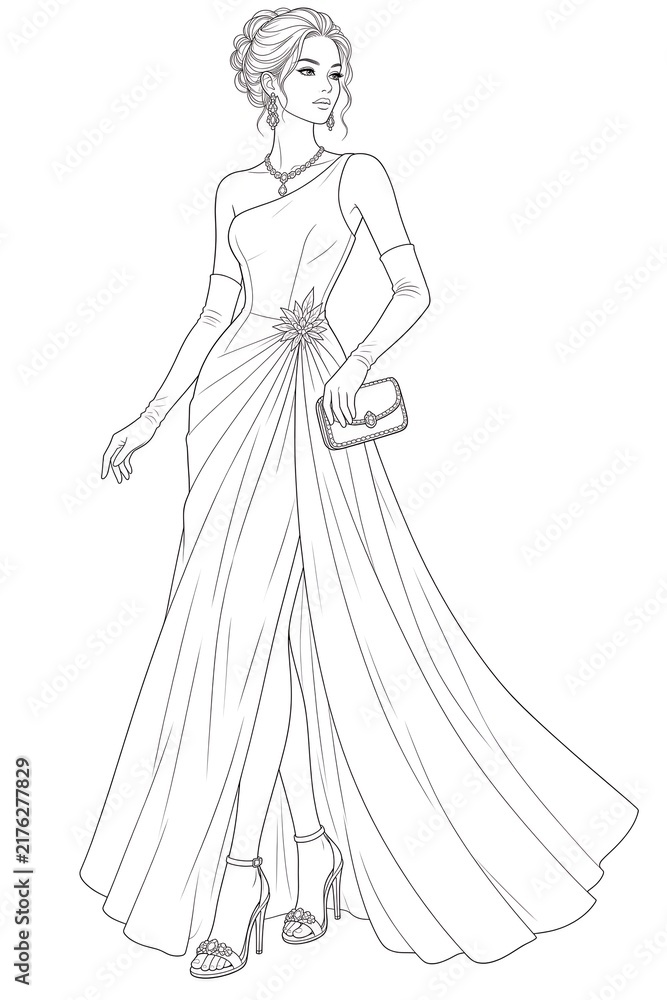 Fototapeta premium Elegant Woman in Flowing Evening Dress with Handbag Coloring Page