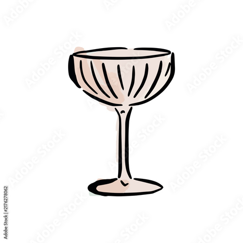 A cut glass coupe champagne glass. Hand drawn sketch with watercolour elements.