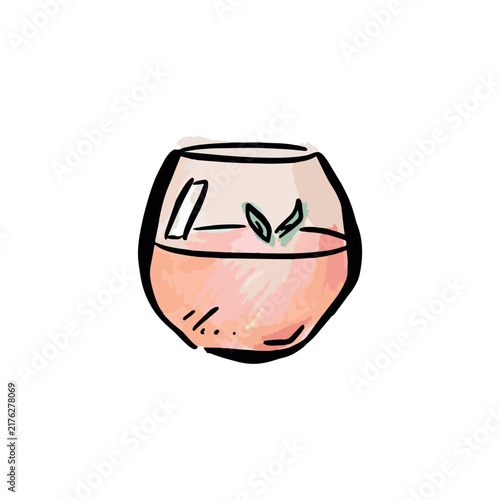 A short whiskey based cocktail with green garnish. Hand drawn beverage in watercolour style.