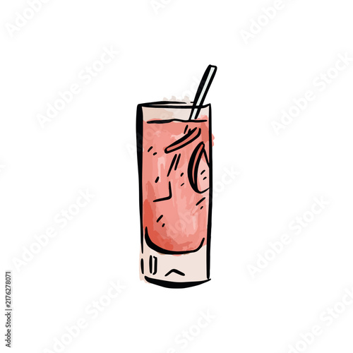 A long drink - cherry cocktail with ice and a straw. Hand drawn watercolour illustration in colour.