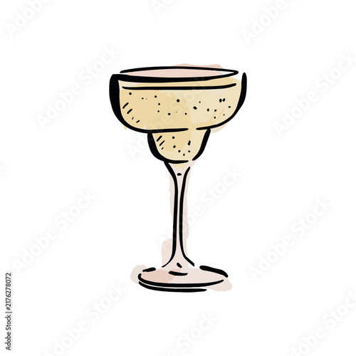 A coupe champagne glass featuring yellow liquid that could be prosecco or champagne. Hand drawn watercolour drawing.