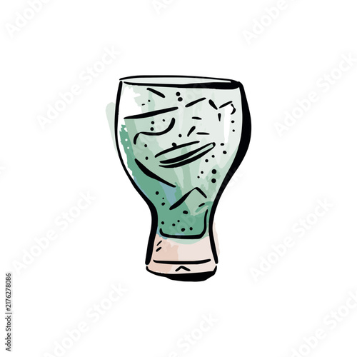 A green watercolour cocktail drink using creme de menthe with ice. Hand drawn in colour.
