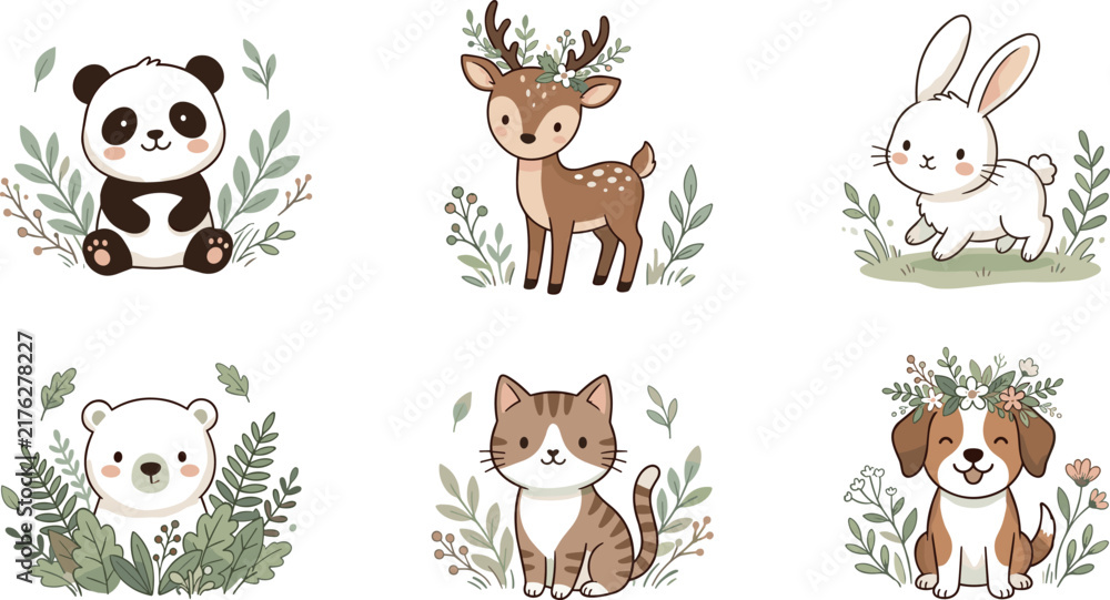 Fototapeta premium Cute watercolor style baby animals vector set with panda deer rabbit bear cat and dog sitting in leaves for nursery wall art print design