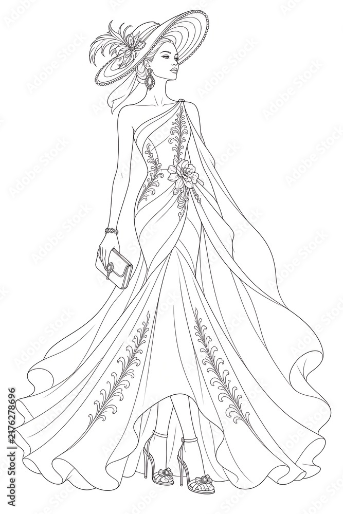 Fototapeta premium Elegant Woman in Flowing Formal Gown and Wide Brim Hat Coloring Page