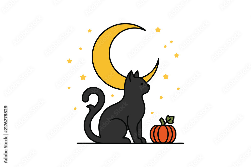 Fototapeta premium Black cat sitting with a pumpkin and a yellow crescent moon icon
