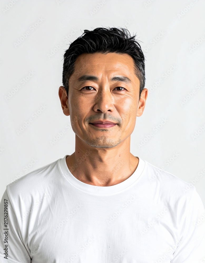 Fototapeta premium 白背景で撮影された40代アジア人男性のポートレート|自然光・上半身・ミニマル