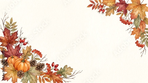 Watercolor autumn leaves, pumpkins, and berries border on a light background, perfect for fall designs.