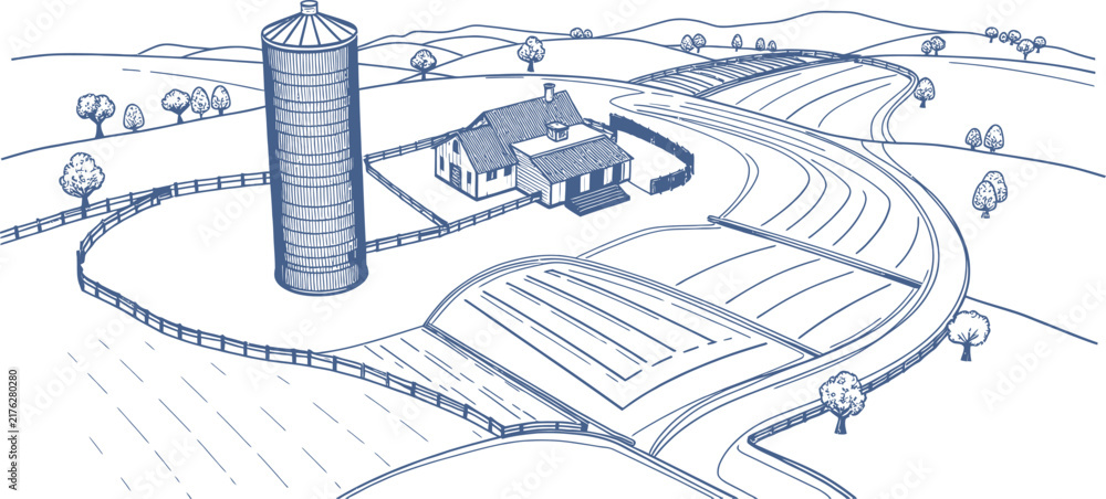 Obraz premium Farm Rural Landscape Line Art Illustration of a Farmhouse Silo and Fields with Winding Roads for Agricultural Planning