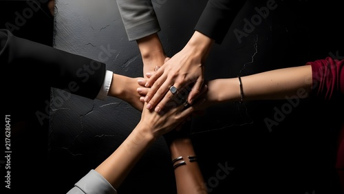 Diverse business team hands stacked for unity on dark stone background