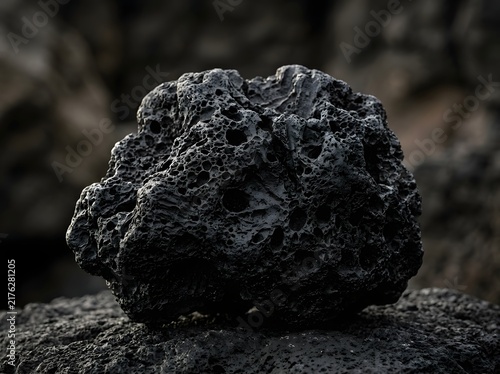 Close up of porous volcanic rock formation with dark moody lighting and texture