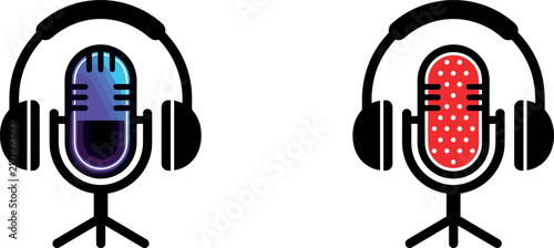 Podcast studio microphone with headphones audio recording broadcasting icons vector illustration
