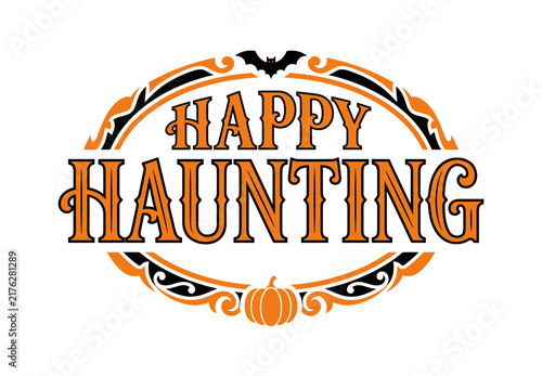 Happy Haunting Halloween typography design with decorative frame and pumpkin icon.