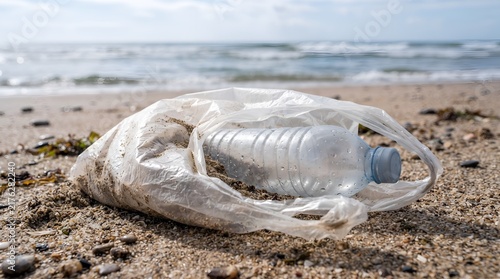 Empty plastic bottle and bag lying as waste on a sandy ocean beach