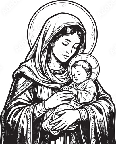 Foto Black and white line of the virgin mary holding baby jesus with halos, religious