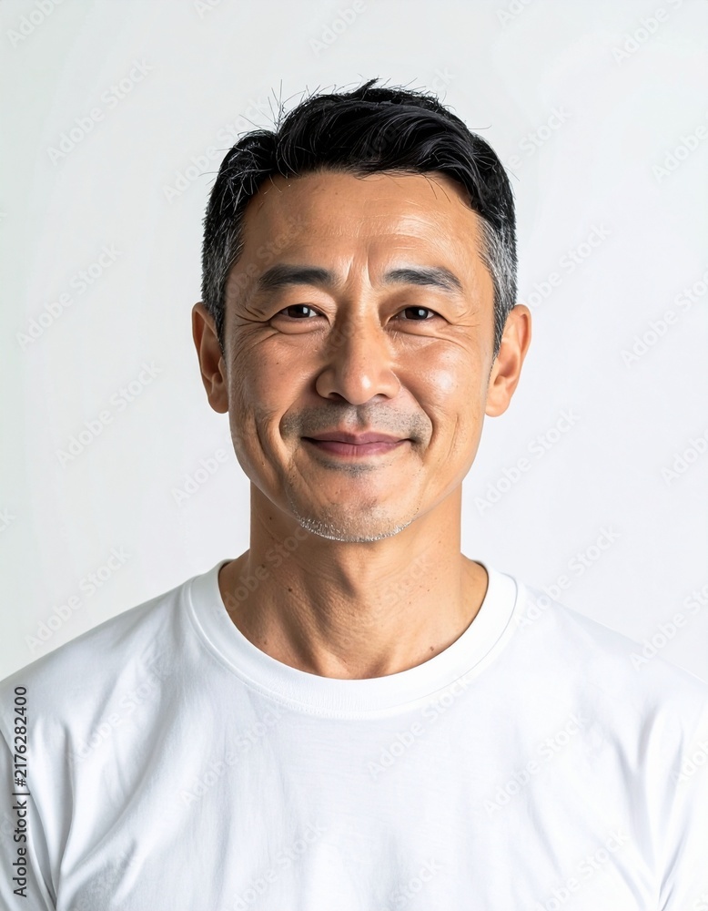 Fototapeta premium 白背景で撮影された40代アジア人男性のポートレート|自然光・上半身・ミニマル