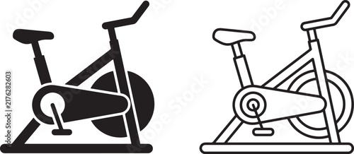 Black and white silhouette and outline icons of indoor stationary exercise bikes for fitness and workout also transparent background