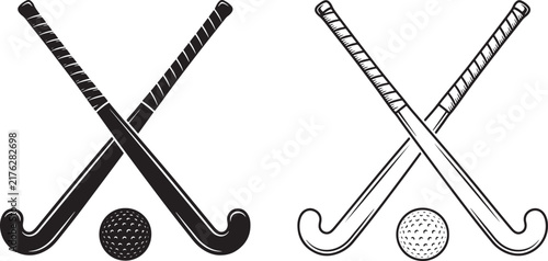 Black and white vintage of two crossed field hockey sticks with a dimpled ball below also transparent background