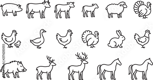 Set of black outline farm animal icons including pig, cow, sheep, turkey, chicken, rabbit, deer, and horse on a white background, also transparent background
