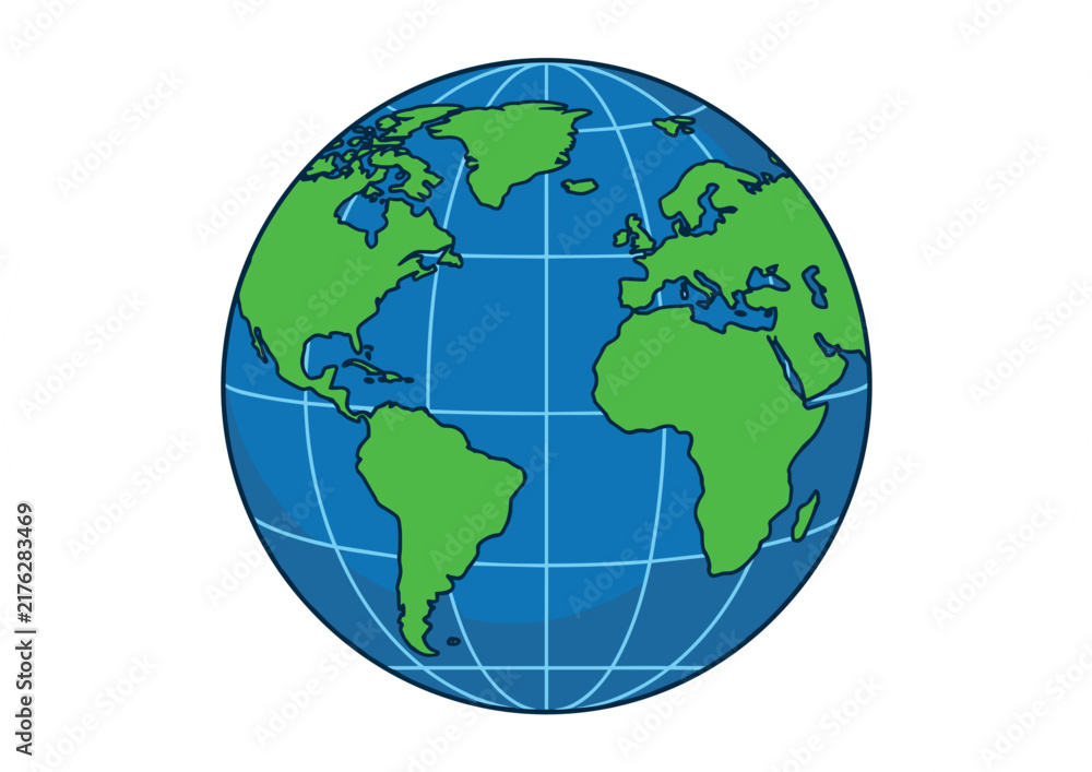 Fototapeta premium Planet Earth Globe Vector Illustration with Blue Oceans and Green Continents for Global Business, Environmental Conservation, Travel, and Education Design Concepts