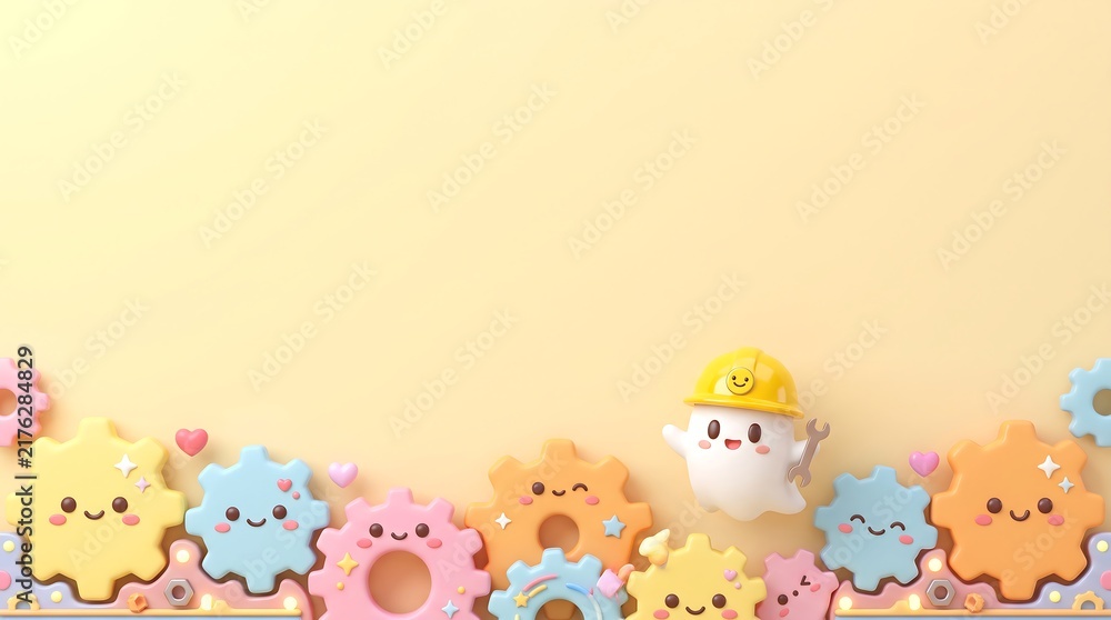 Fototapeta premium industrial background featuring a cute ghost wearing a hard hat with gear wheels and ample pastel yellow copy space.