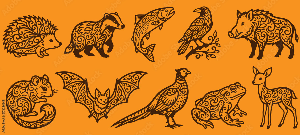 Naklejka premium Long Title: Set of Woodland Animals and Forest Wildlife with Detailed Ornate Floral Patterns in Brown Silhouette Style on Orange Background
