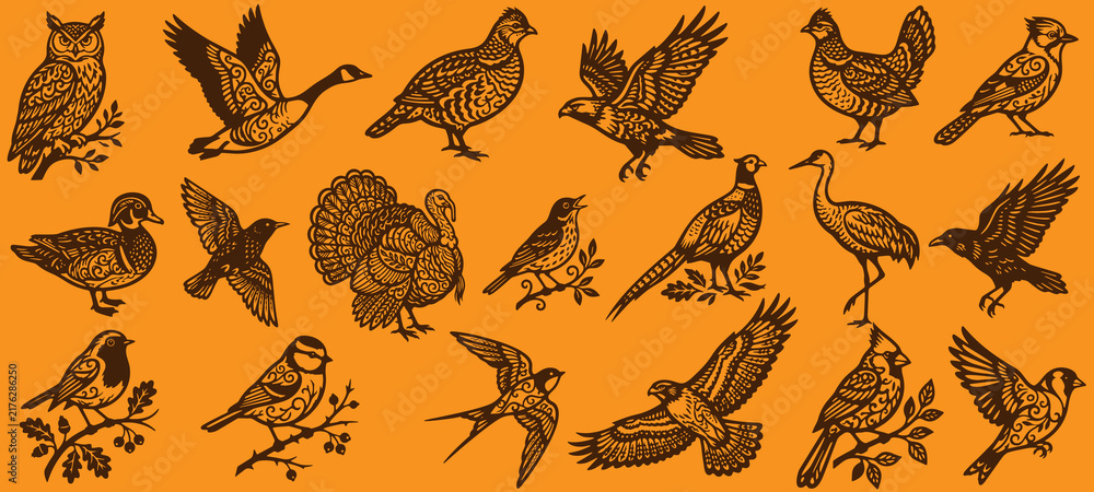 Naklejka premium Comprehensive Collection of Various Forest and Migratory Birds Decorated with Detailed Ornate Patterns in Brown Silhouette Style on Orange