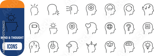 Mind and thought vector icons. head icon set, lightbulb icon set, brain icon set