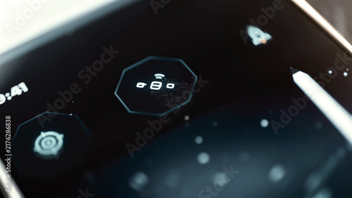 Картината върху платно Connected node icon glows beneath approaching fingertip