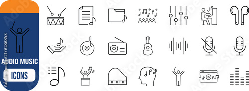 Music audio vector icons. drum icon set, guitar icon set, microphone icon set