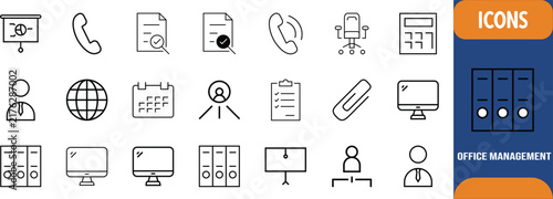 Office business management vector icons. binder icon set, computer icon set, document icon set