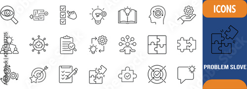 Problem solving strategy icons. puzzle icon set, lightbulb icon set, target icon set
