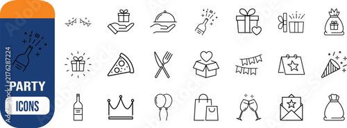 Party celebration vector icons. gift icon set, pizza icon set, champagne icon set
