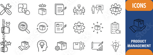 Product management workflow icons. box icon set, wrench icon set, puzzle icon set