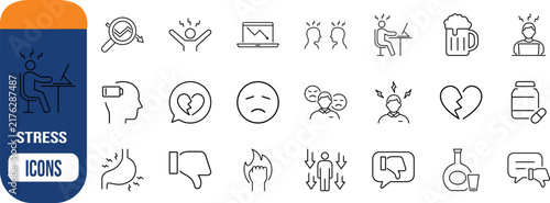 Stress mental health icons. broken heart icon set, sad face icon set, person working icon set