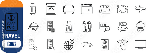 Travel icons for vacation. suitcase icon set, passport icon set, airplane icon set