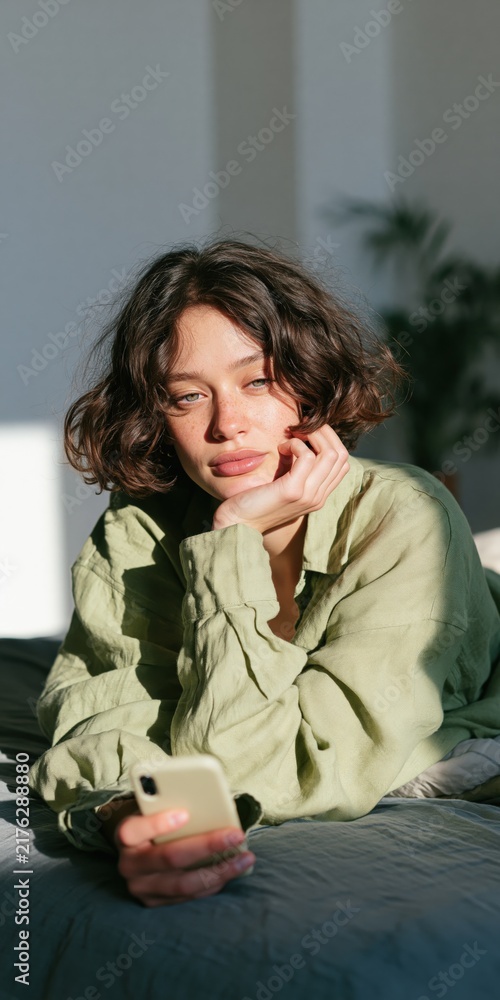 Obraz premium Young woman holding smartphone and gazing in warm sunlight for lifestyle background and candid indoor portrait visuals