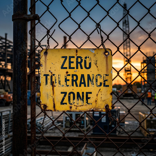 Zero Tolerance Zone Sign on Construction Site Fence at Sunset