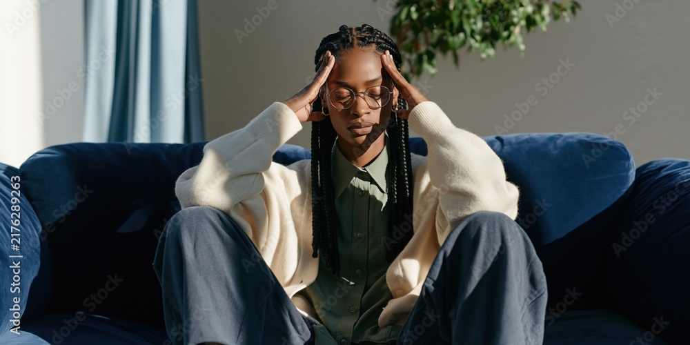 Fototapeta premium Young woman with glasses massaging temples on deep blue sofa in warm light for stress relief background and mindfulness scene