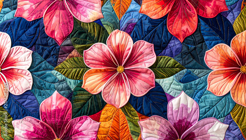 Traditional Hawaiian Quilt Pattern with Tropical Botanical Applique Design