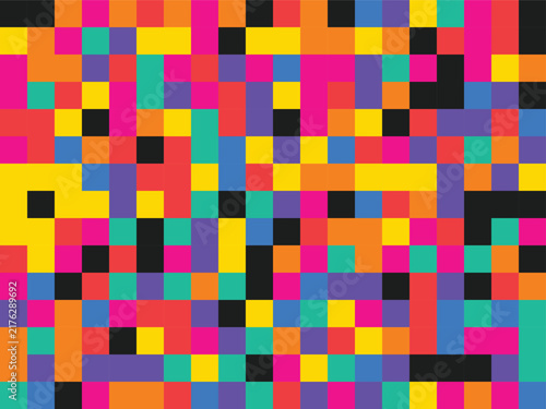 Pixel art mosaic background featuring colorful geometric blocks for digital wallpaper website interface game design gaming console.