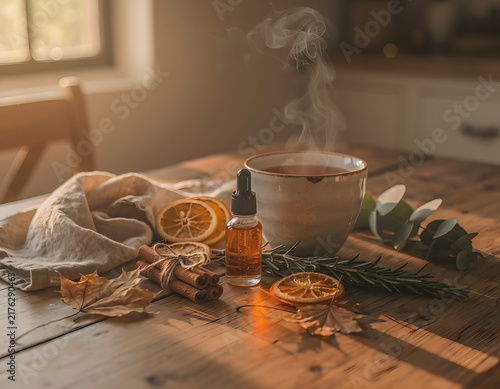 Thanksgiving & Autumn Wellness: Quiet Thanksgiving morning scene, amber light illuminates botanical elements, evoking comfort