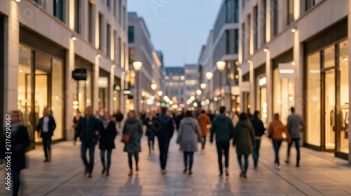 Crowd of people walking along a pedestrian shopping street during the evening. Warm glowing lights illuminate the storefronts and sidewalk in this soft focus urban scene.