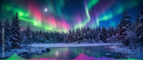 Vibrant aurora borealis over a frozen winter forest with audio visualizer