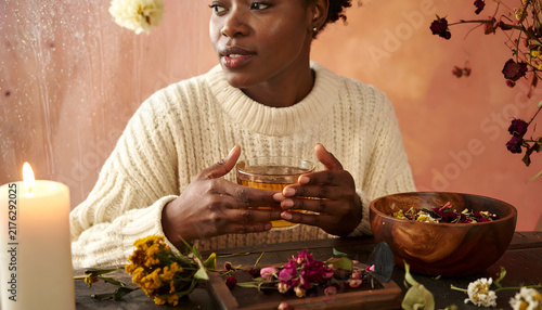 Thanksgiving & Autumn Wellness: African woman enjoys serene self care moment with herbal tea in cozy cream sweater