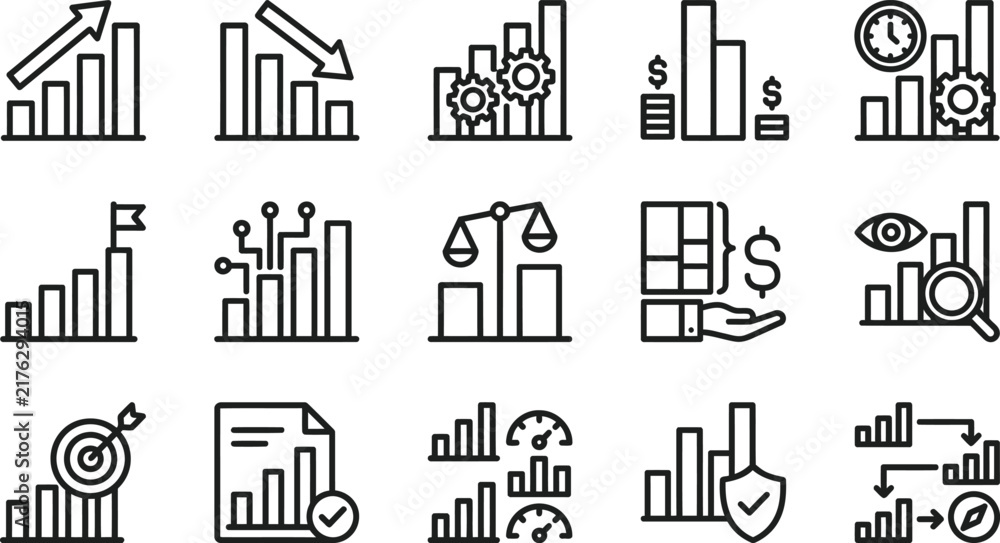 Obraz premium Business Data Analytics Bar Chart Icon Set