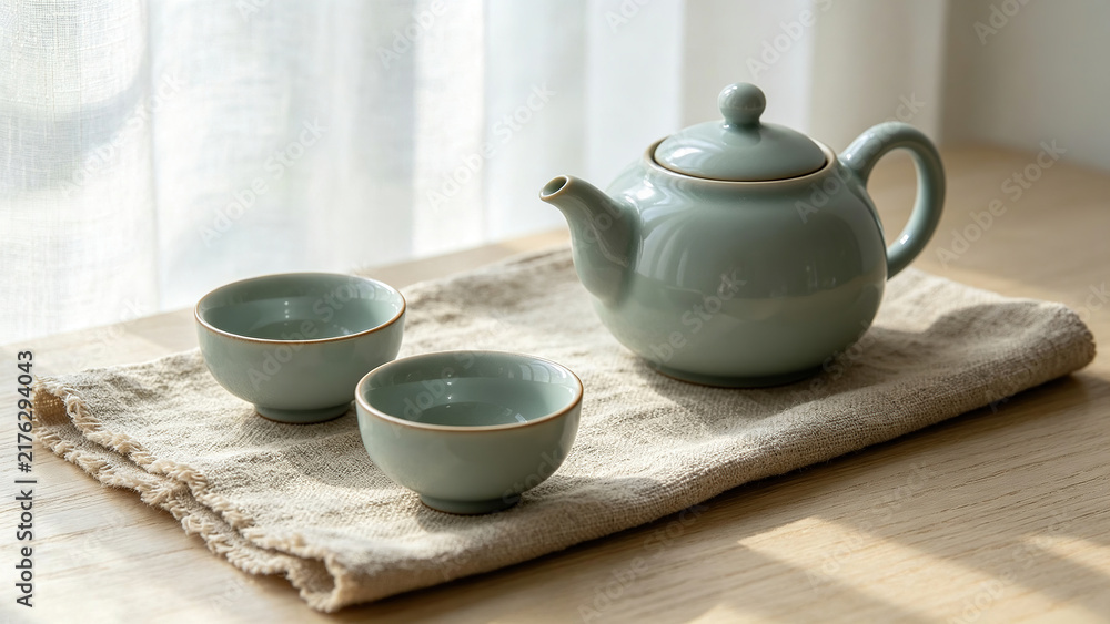 Fototapeta premium Pale green celadon tea set with teapot and cups on linen cloth, soft window light