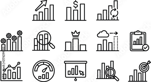Business Data Graph and Analytics Line Icon Set