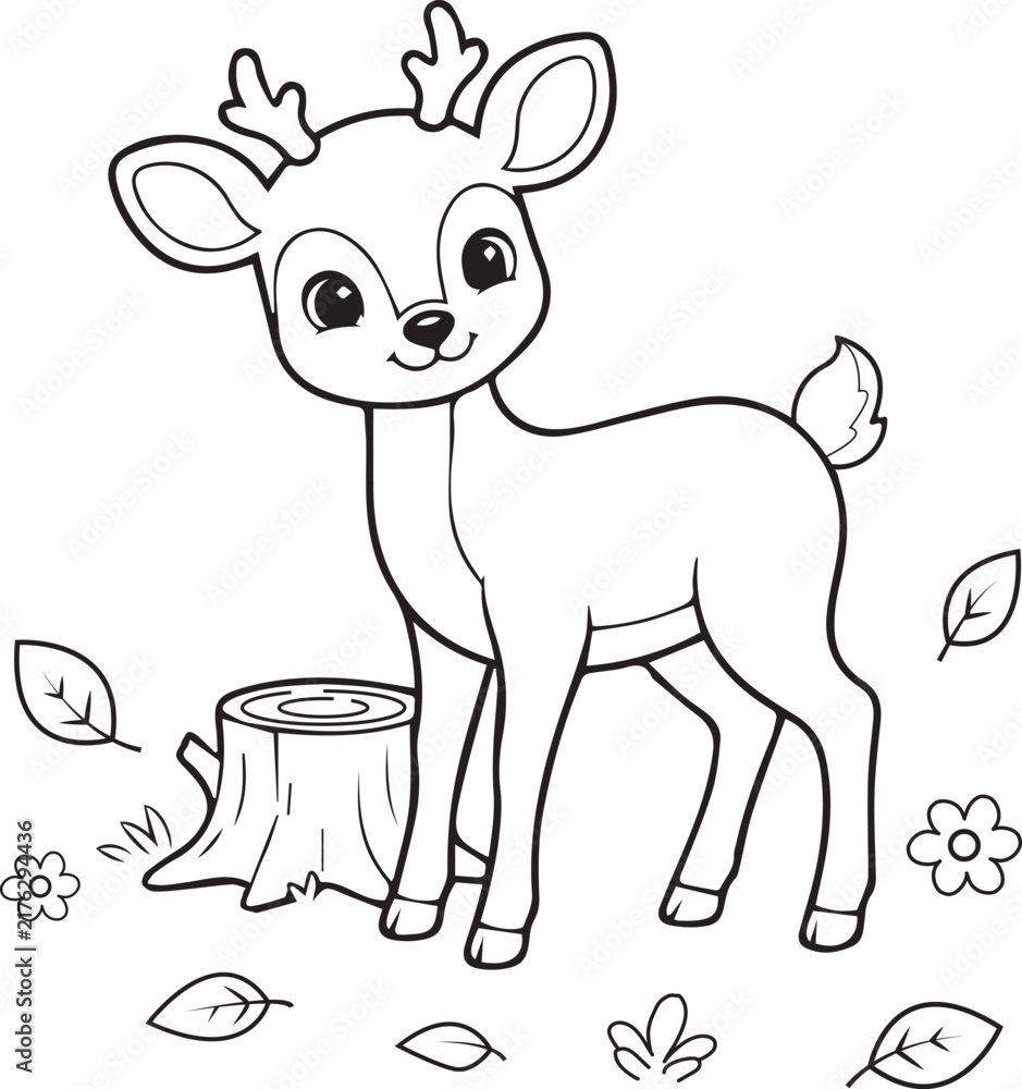 Fototapeta premium Cute little deer standing in the forest with autumn leaves for a fun kids coloring book page